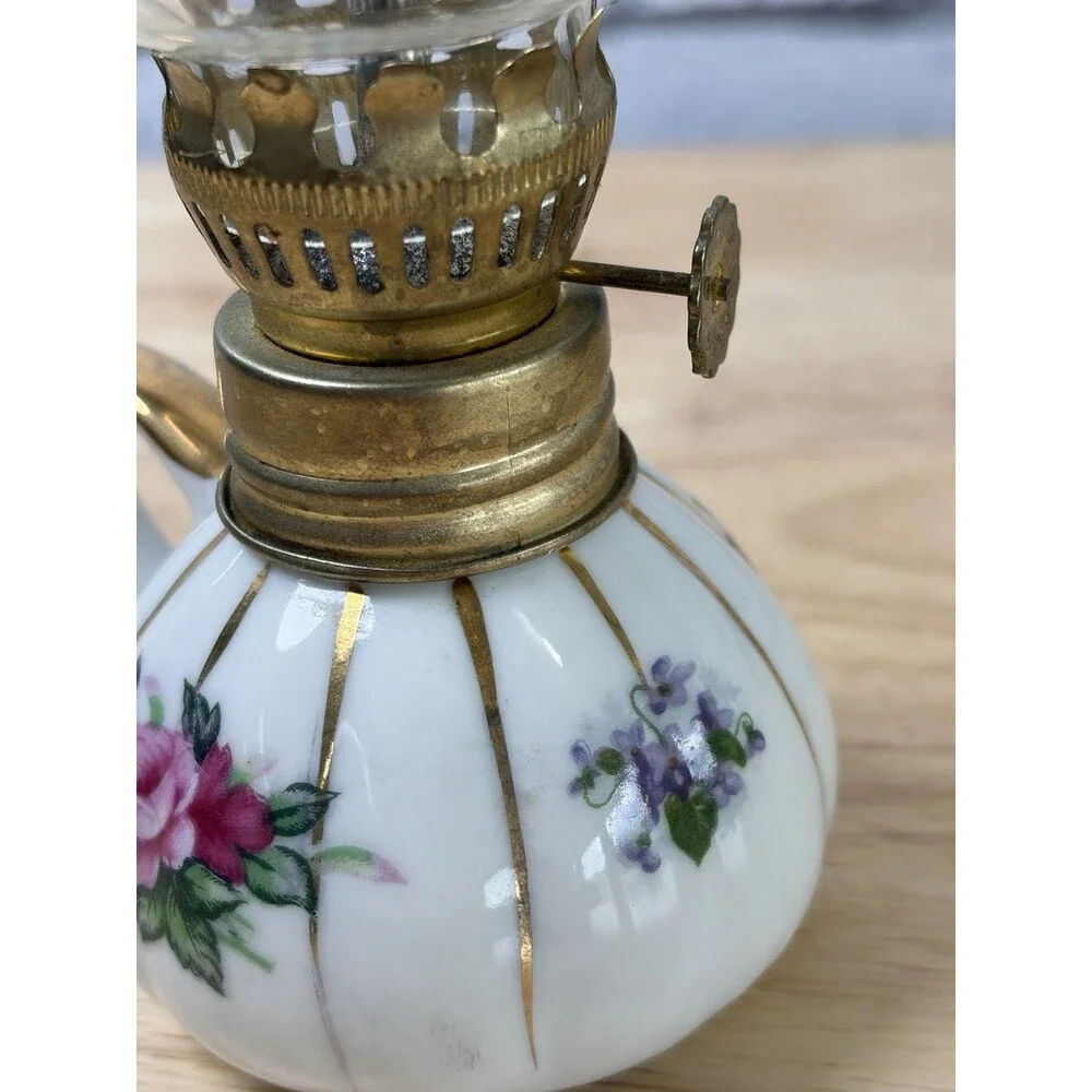 Napco China Rosebud Oil Lamp Finger Lamp Gold 8” Mini Hurricane Lamp Unused Vtg